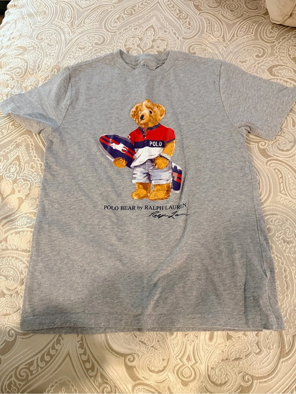 Ralph Lauren Gray Tee with Colorful Polo Bear Graphic